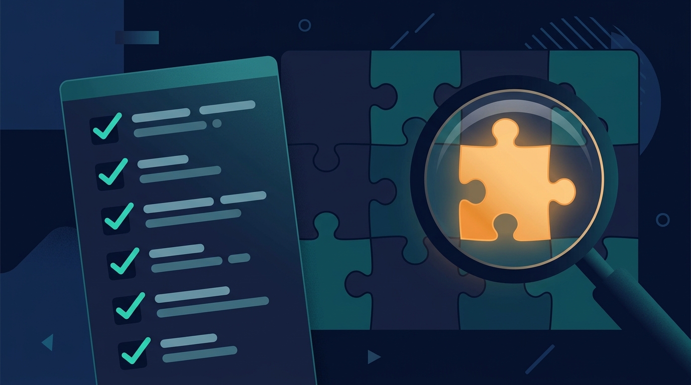 An illustration of a ticked checklist next to a jigsaw puzzle with one missing piece under a magnifying glass
